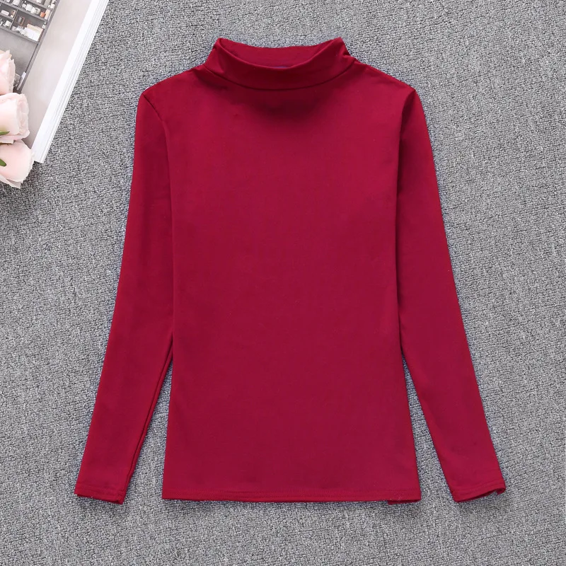 Wine red Футболка с высоким воротником и длинными рукавами, женские топы, футболки, женские молочные шелковые однотонные хлопковые футболки для женщин, Осенние приталенные рубашки - Цвет: Wine red