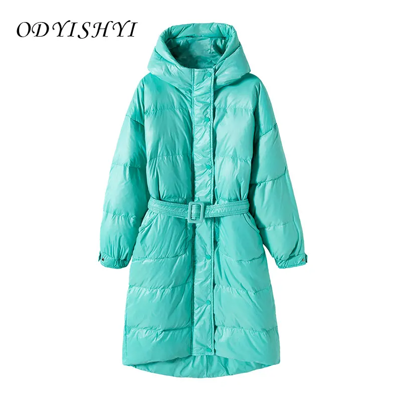 

Новинка 2021, зимнее пальто на утином пуху, женские парки, длинное пальто, утепленная Талия, тонкая Корейская женская куртка с перьями, на молн...