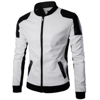 2021 new brand fashion mens stand collar leather jacket with black and white color matching stand collar jacket