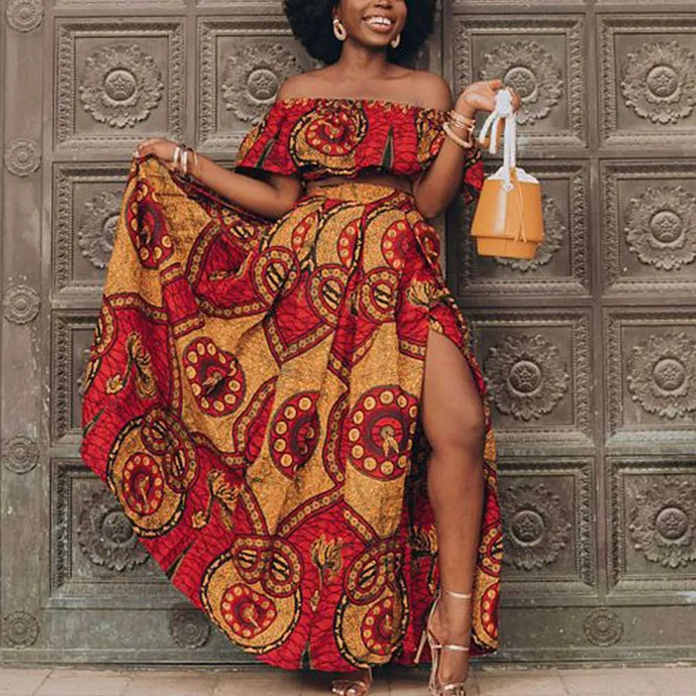 SUNGIFT Dashiki/Вечерние платья с открытыми плечами, разноцветное платье с принтом, африканская одежда для женщин, 2 предмета, 1 комплект, вечернее платье