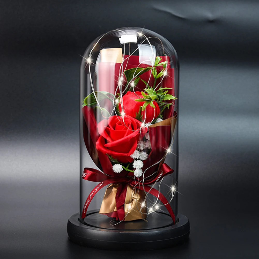

Artificial Flowers Red Romantic Forever Rose with led light in Glass Dome Fake Flower Red Rose for New Year Valentine Day Gifts