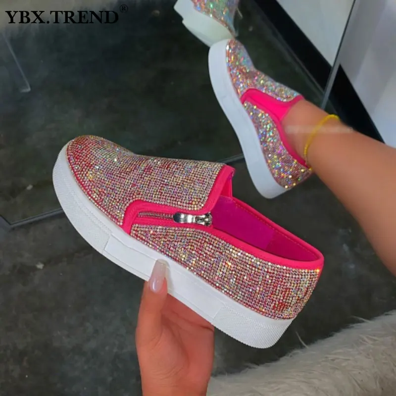 

2020 Women Flats Shoes Thick Sole Female Flats Platform Crystal Rhinestone Zipper Casual Round Toe Shoe Ladies Autumn New