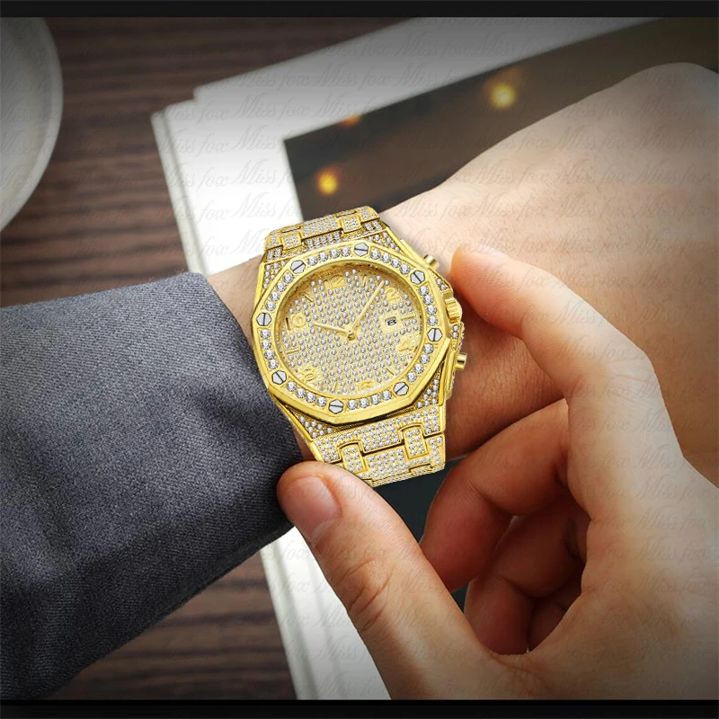 

Gold Men Watches Bling Bling Design 2021 Luxury Classic Diamond Chronograph Watch For Male Dropshipping Wristwatch New