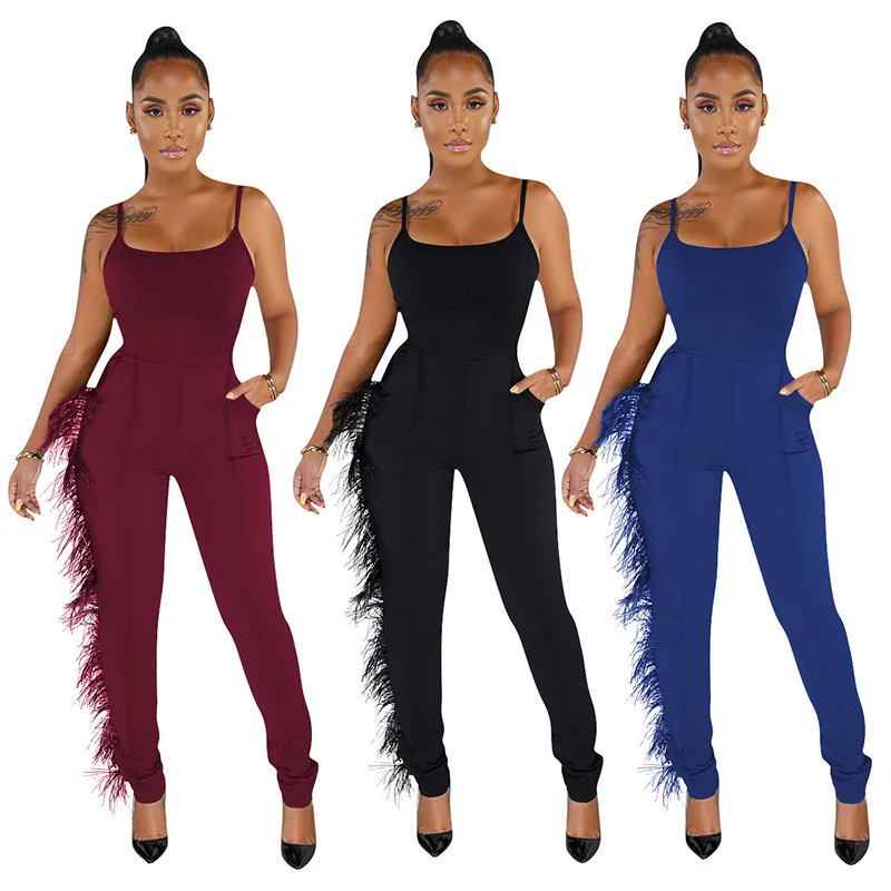 

Echoine Spaghetti Straps Jumpsuit Feather Slinky Bodycon Backless Playsuits Solid Color Rompers Womens Jumpsuit
