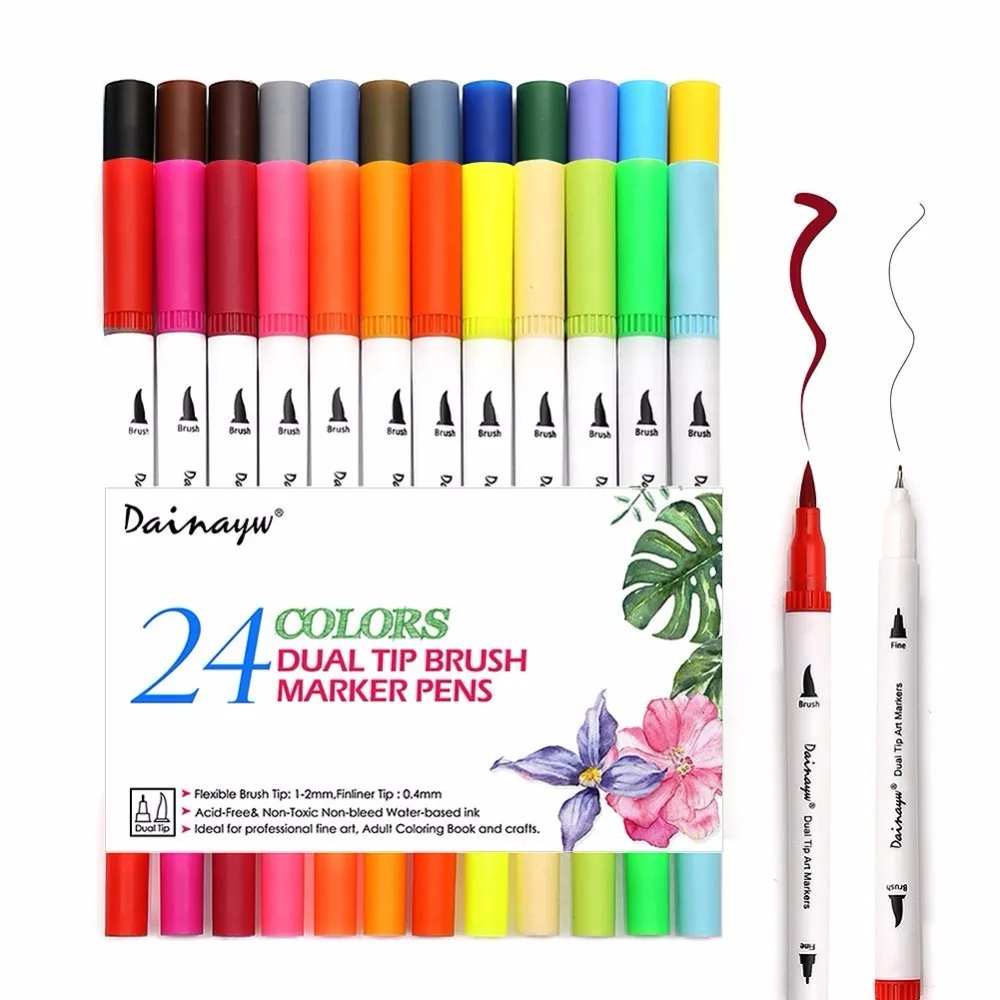 

Dainayw 24 Colors 0.4mm Fineliner Water based ink Dual Head Sketch Markers Brush Pen For Draw Coloring Books Design Art Supplies