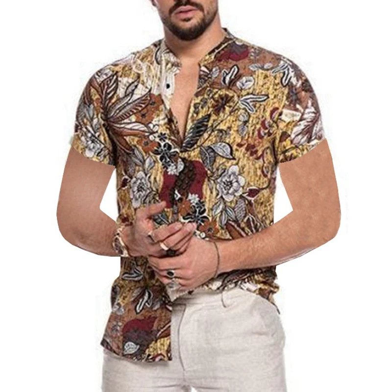 

Vintage Floral Printed Short Sleeve Shirts Men Casual Button Up Turn-down Collar Tops Harajuku Male Clothes Fashion Streetwear