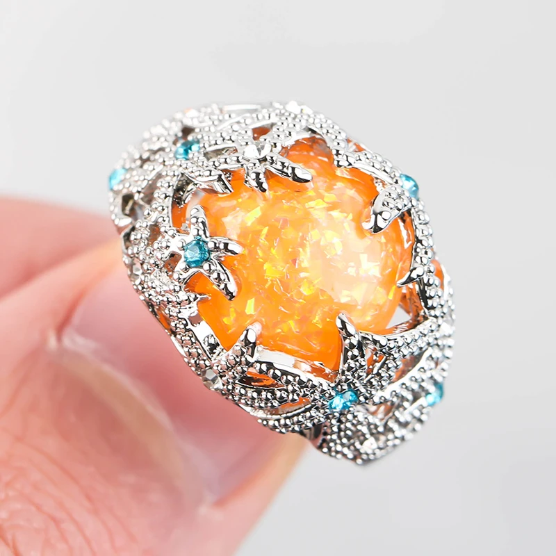 Женское кольцо с оранжевым огненным опалом Синие стразы морская звезда