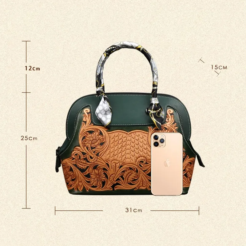 

Bestform 2021 New Senior Handmade Leather Carving Luxury Women Handbag Vintage First Layer Cowhide Embossed Female Bag