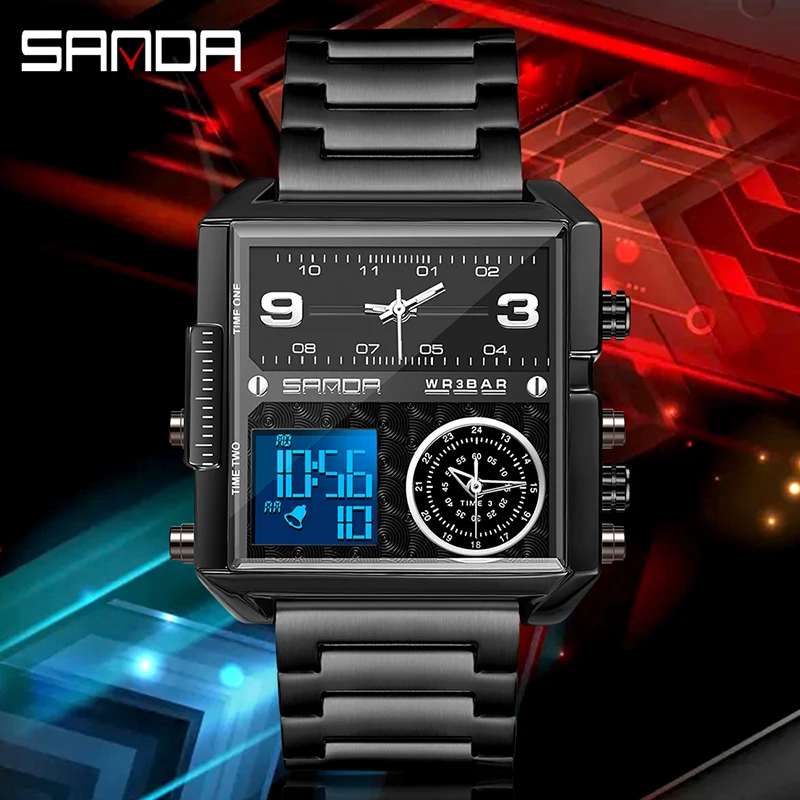 

Часы SANDA мужские электронные, деловые повседневные модные светящиеся водонепроницаемые из нержавеющей стали, с квадратным циферблатом