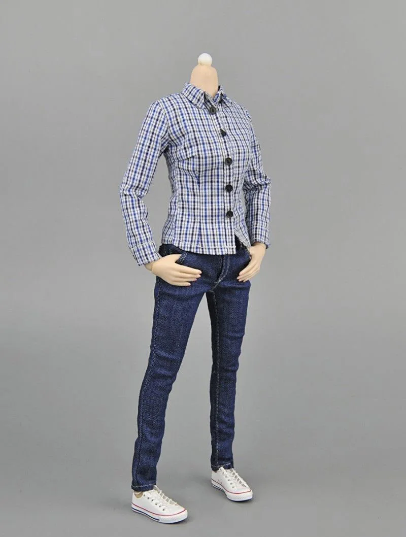 

IN STOCK 1/6 Female Clothes Suit Blue Plaid Shirt&Jeans&Vest Denim Clothing Sets For 12 '' Action Figure