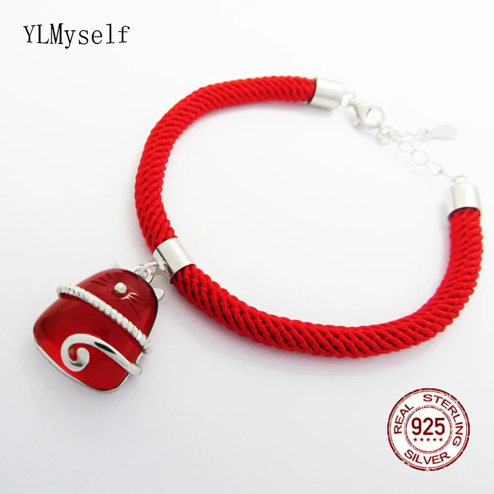 

Real 925 Silver 13.5+3.8CM Lucky Bracelet, Big Red crystal/Cord, Packg With Gift Box, Cat Design Jewelry Gift For Daughter