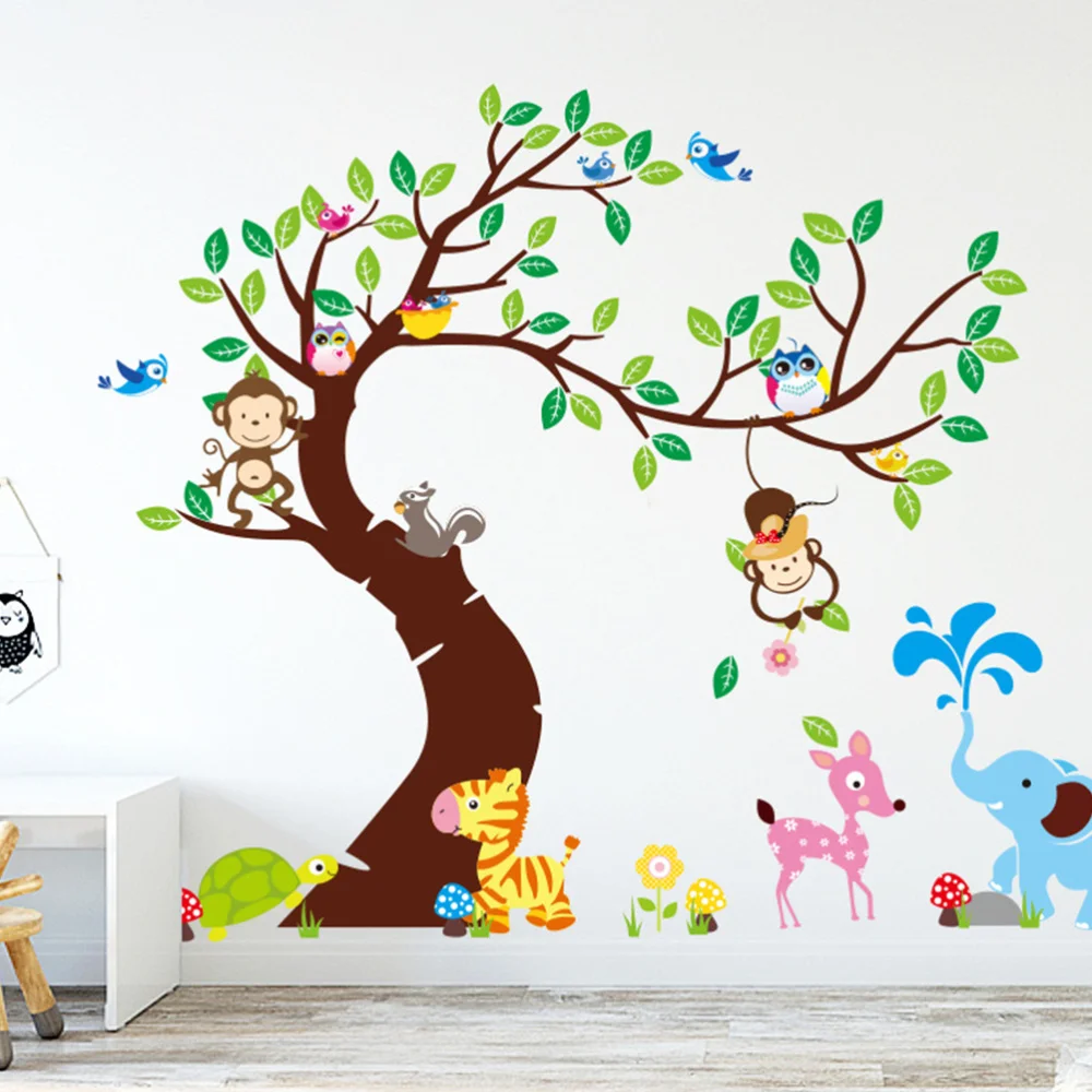 

1 Sheet Cartoon Tree Animals Wall Stickers Kids Room Decorative Wall Decals