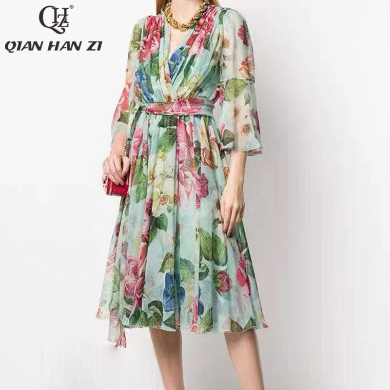 Qian Han Zi summer dress Three Quarter sleeve Elegant chiffon print Wrap Chest Silk scarf waist Beach Holiday Dress Women 2021
