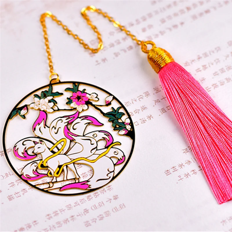 

1pc Kawaii Nine-Tailed Spirit Fox Bookmark Cute Tassel Brass Pendant Art Exquisite Book Mark Page Folder Office School Supplies