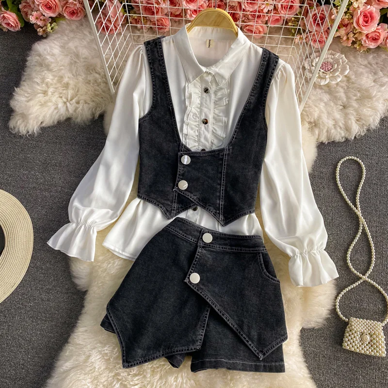 

Fashion Streetwear 3 Piece Set Long Sleeve Blouse Shirt + Demin Vest + Jeans Shorts Set Korean Suits 2021 Spring Women Outfits