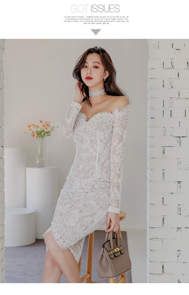 

2021 Spring Sexy Off shoulder Lace Patchwork Dress Women Slash neck Ruffles Female Pencil Dress Elegant Party Sheath Vestidos