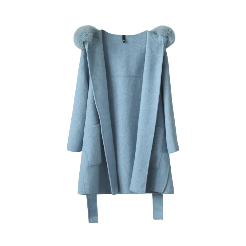 

Top Sales Chic Loose Casual Double-sided 100% Cashmere Wool Coat with Real Fox Fur Strim Hoodie Office Lady Female Long Overcoat