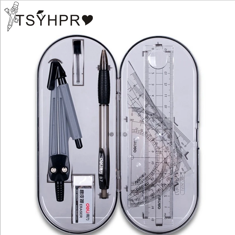 

Deli линейка для студентов канцелярские принадлежности Набор для рисования компас линейка треугольная линейка транспортир студенческий наб...