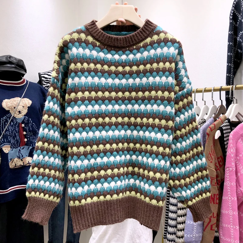 

High Quality Pullover Knitted Sweater Women Winter 2020 Loose Oversized Pullover Tops Striped Dots Chick Jumper Pull Femme Hiver