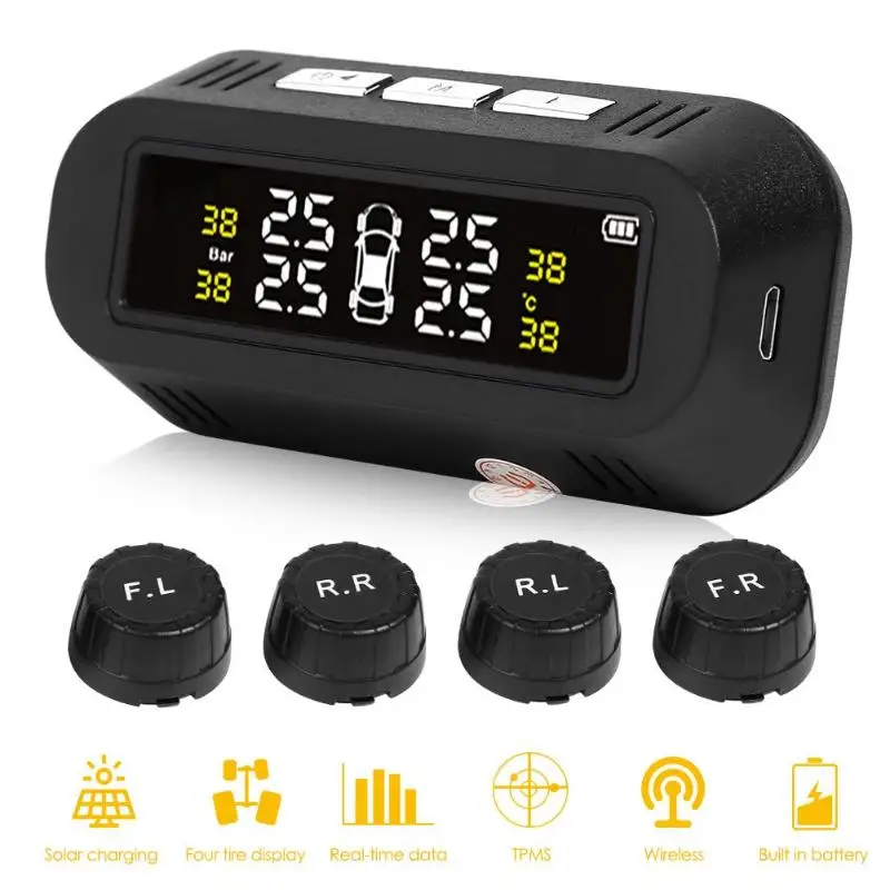 USB Солнечная TPMS C68 автомобильная система контроля давления в шинах Солнечная энергия цифровой ЖК-дисплей Автомобильный датчик контроля давления в шинах TPMS 4 датчика