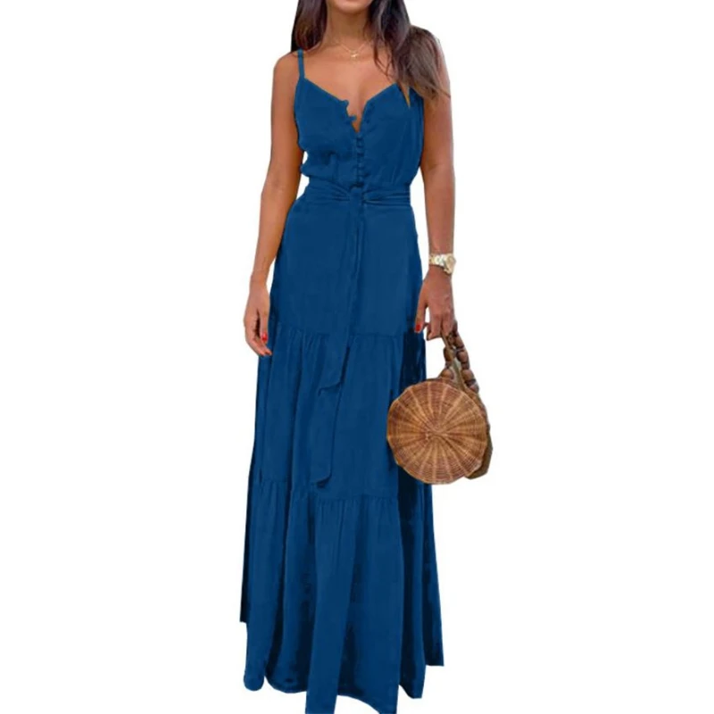 

Women Summer Spaghetti Strap Sexy V-Neck Button Maxi Long Dress Belted High Waist Solid Color Ruffled Beach Sundress