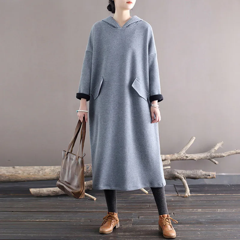 Johnature женское платье с капюшоном в стиле ретро плюшевое однотонное Свободное