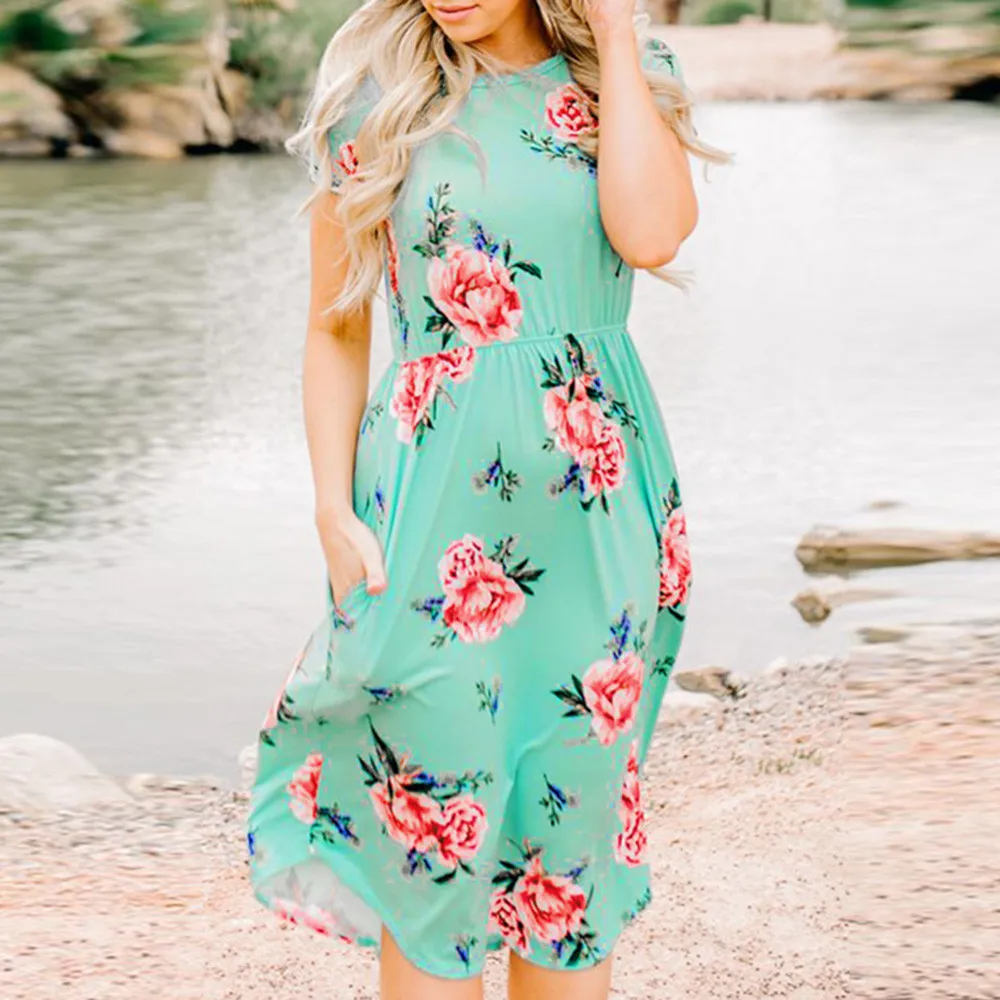 Модное платье с цветочным принтом женское повседневное пляжное коротким рукавом