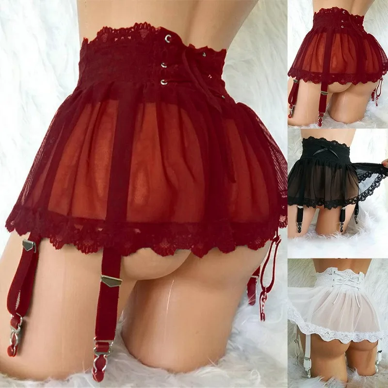 

Women's Sexy High Waist lace Back Waist Straps Skirt Lace Sexy Mini Skirt Garter Belt Adjustable Metal Buckle For Stockings