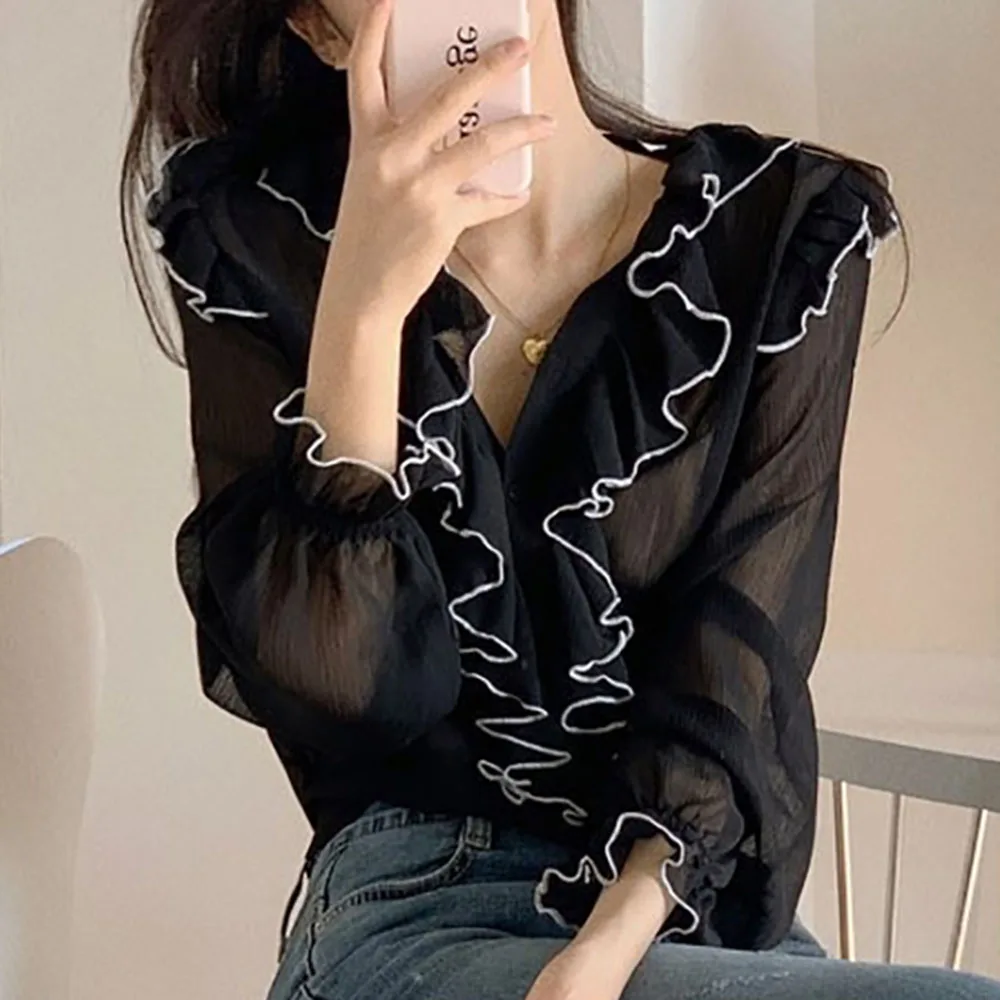 Женская блуза с V образным вырезом длинным рукавом и оборками|Блузки| |