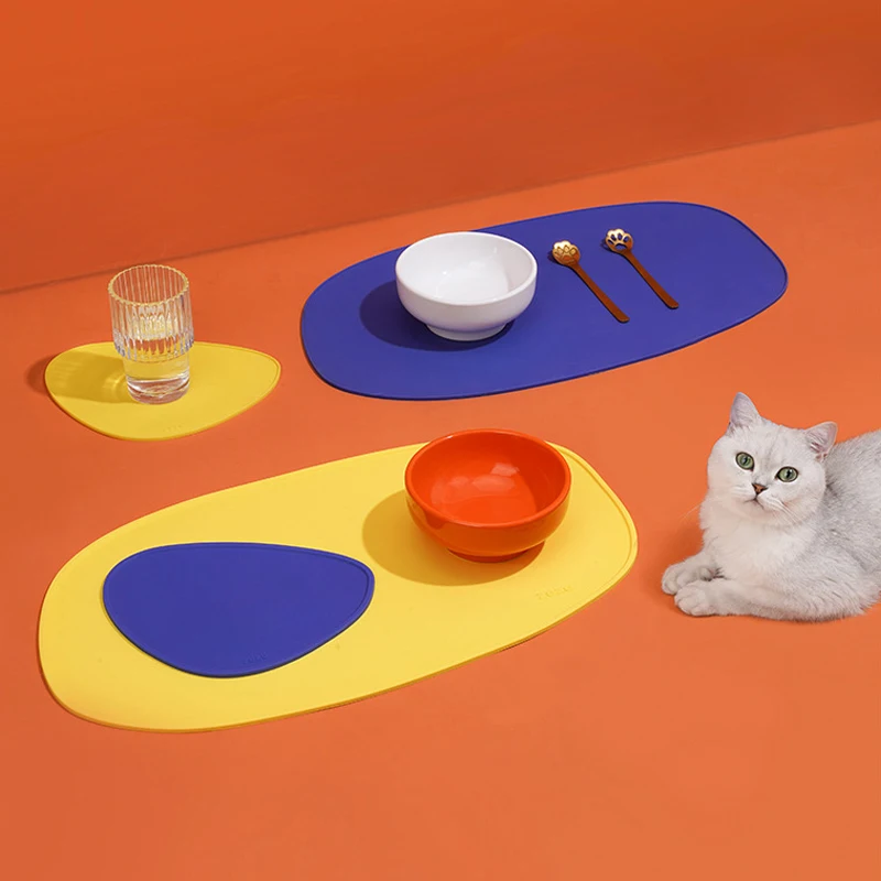 

Pet Placemat Waterproof Cat Bowl Mat Non-slip Pet Mat Anti-spill Food Grade Silicone Dog Placemat Blue Yellow Puppy Accessories