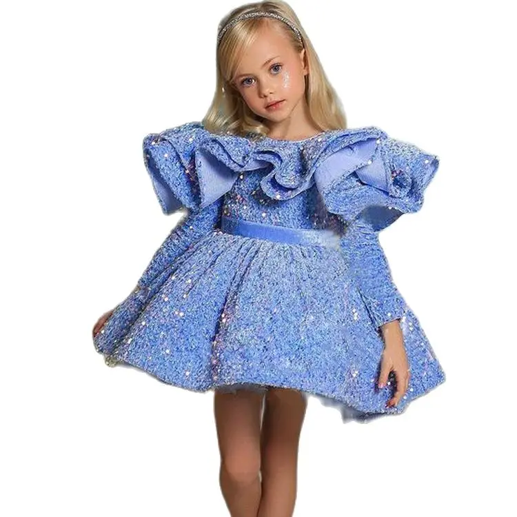 Blue Glitter Illusion Lush Girl Party Dresses Elegant Fluffy Girl Princess Dress Shiny luxurious Birthday Wedding Dress Girl images - 6