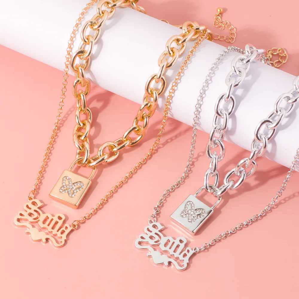 Ожерелье с бабочкой и замком из циркона для женщин Двухслойное колье кулоном в