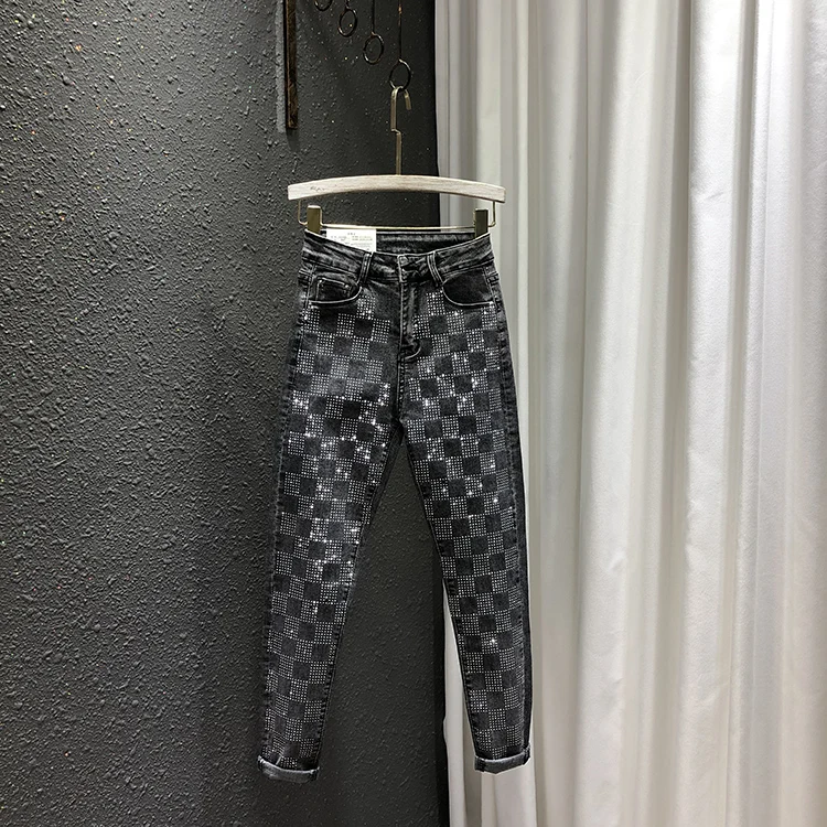 Для женщин джинсы 2020 Весенняя Новинка с высокой талией Slim Fit прямого кроя стразы