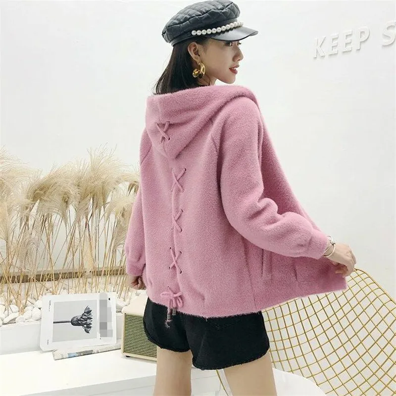 Pink Пальто женский короткий параграф бархатный кардиган с капюшоном женская верхняя одежда осень и зима тонкий толстый Универсальный - Color: Pink