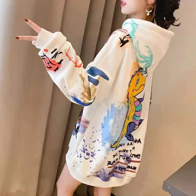 

Women hooded graffiti print plus velvet thick ladies hooded ins super fire lazy style jacket spring and autumn thin