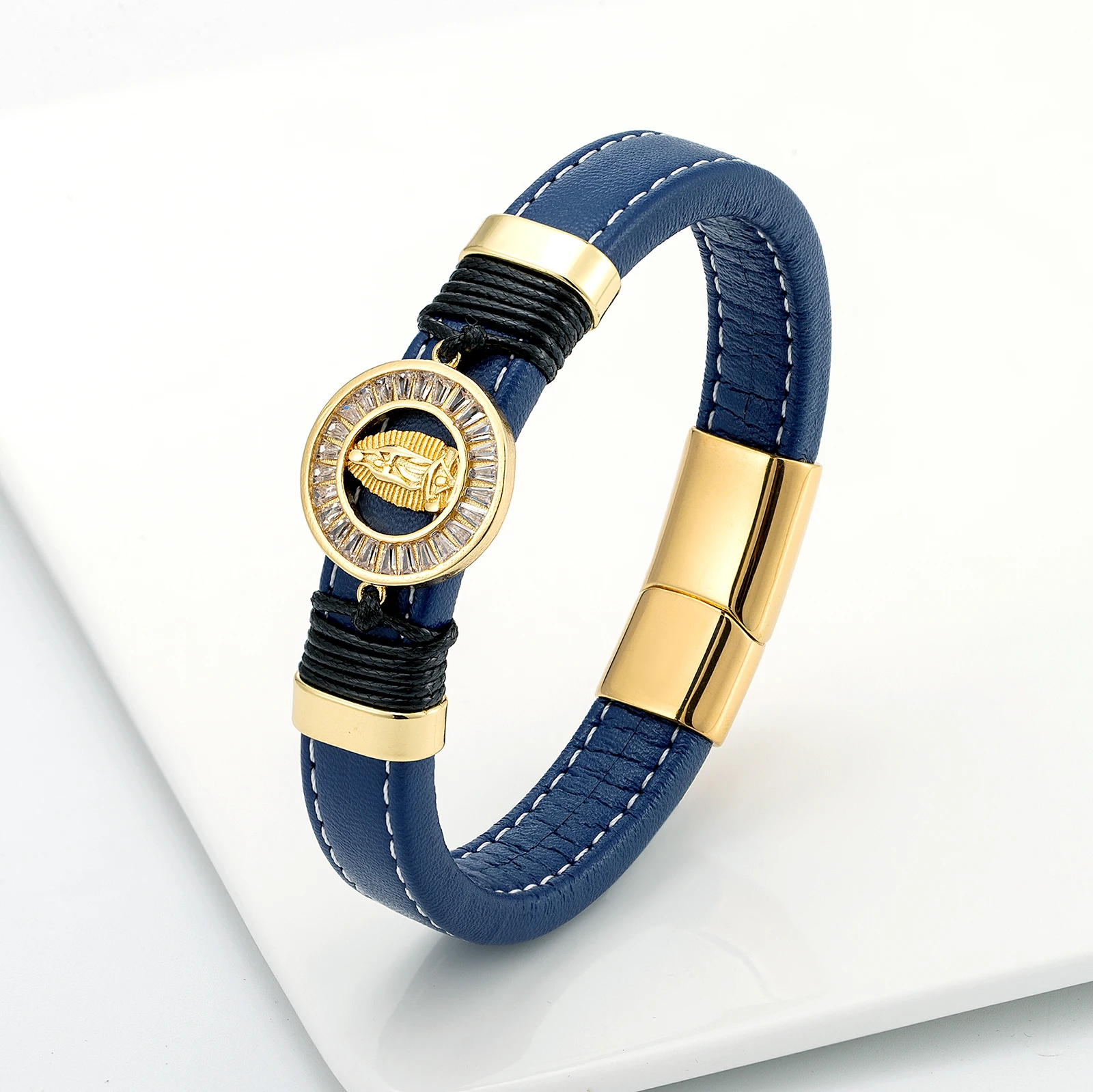 Широкий кожаный браслет с микро-инкрустацией из циркония для мужчин и женщин |