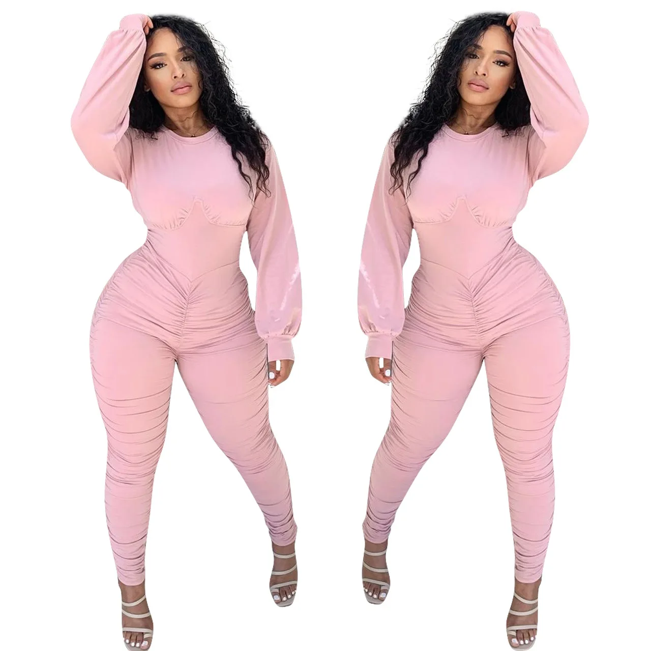 

Fashion Pink Jumpsuit For Women Long Sleeve Bodysuit Elastic Waist Outfit Clothes Casual Fitness Sporty Outwear Female Rompers