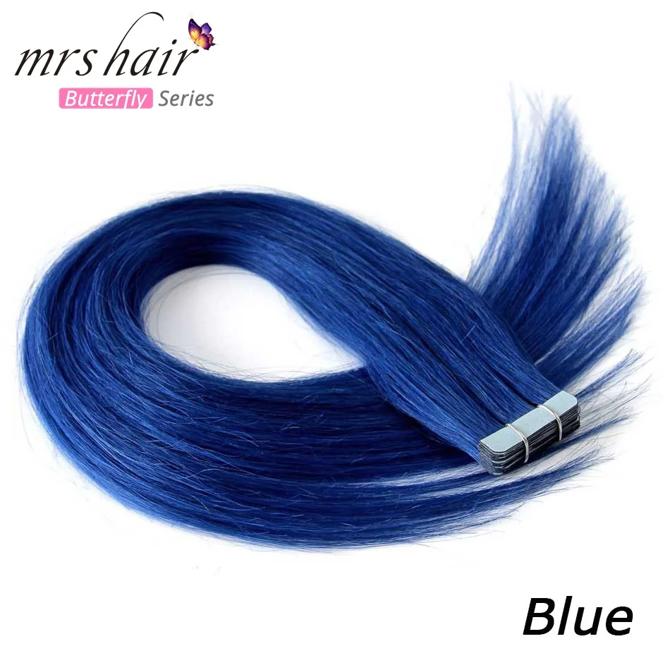 MRSHAIR, цветные человеческие волосы на Клейкой Ленте, двухсторонняя кожа, уток, ПУ волосы, не Реми, красные, фиолетовые, синие, розовые, серебряные - Цвет: Синий