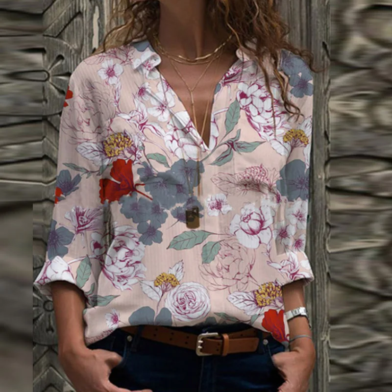 

Women Elegant Floral Print V-Neck Blouse Shirts 2020 Autumn Casual Long Sleeve Pullovers Tops Office Lady Sexy Plus Size Blusas
