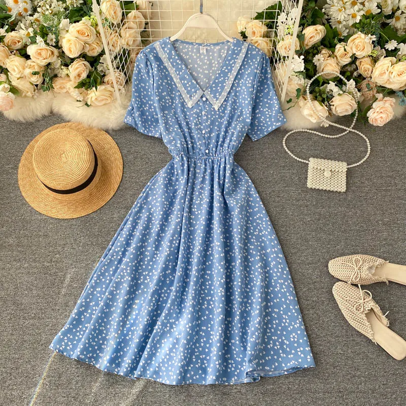 Летнее платье для женщин 2020 новый стиль милое с принтом сердца винтажное