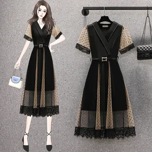 EHQAXIN Spring Autumn New Korean Style Large Size Women's Black Dress Fashion Knitted Elegant Short Sleeve Dresses L-5XL