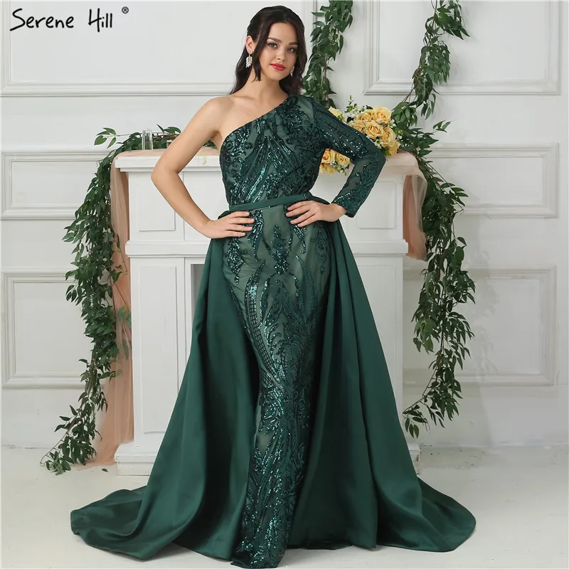 Зеленые Вечерние платья на одно плечо с длинными рукавами и блестками роскошные