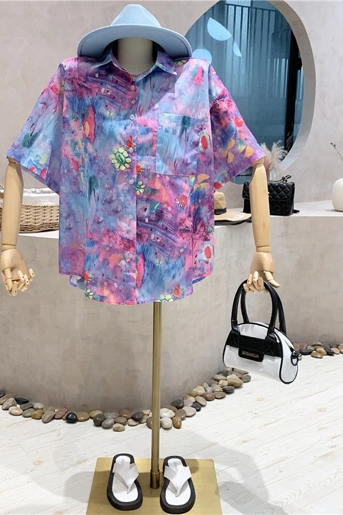 

Short Sleeved Casual Shirt Women's Oversized Retro Tie Dyed Fashion Tops 2021 Female Loose Dropshipping Blouses and Shirts