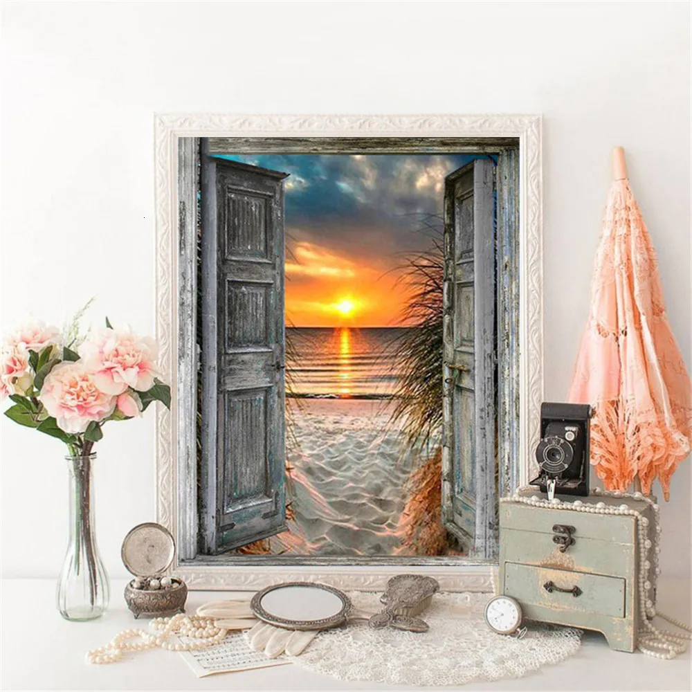 

Huacan 5D DIY Diamond Painting Full Square Sunset Door Diamond Embroidery Mosaic Landscape Seaside Decorations Home Art
