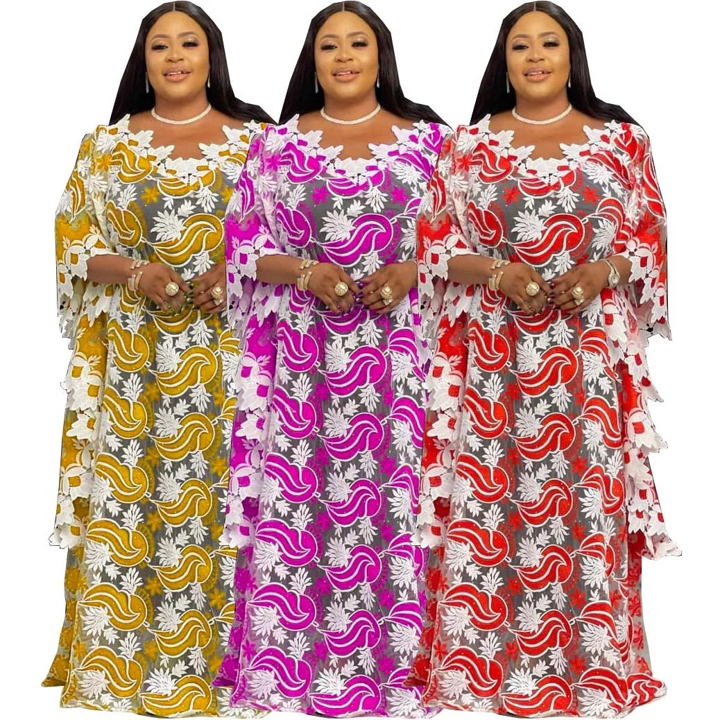 

African Dresses for Women 2021 Dashiki Water Soluble Lace Boubou Robe Africain Femme Abaya Dubai Kaftan Dress European Clothing