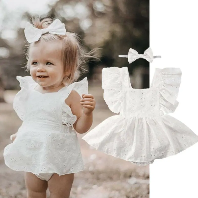 

2019-11-12 Lioraitiin 0-24M Newborn Baby Girl Summer Clothes Lace White Princess Lace Patchwork Romper Dress Clothes Outfit Set
