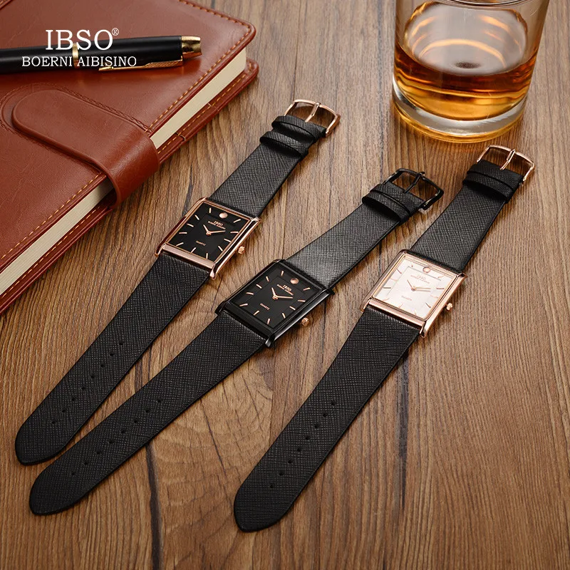 IBSO 7 мм ультра-тонкий прямоугольник циферблат Мужские кварцевые наручные часы черные из натуральной кожи ремешок мужские классические деловые новые мужские часы