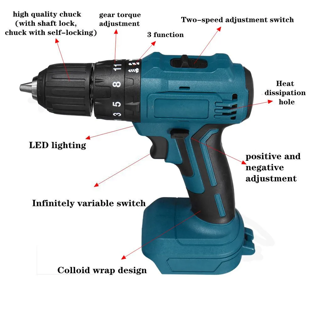 

18V 90Nm 13mm 3 in 1 Brushless Electric Drill 2 Speed Rechargable Cordless Screwdriver Power Tool for Makita Battery