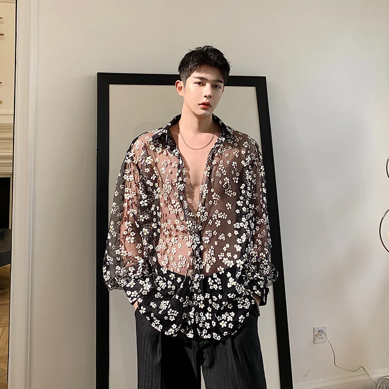 

SYUHGFA 2022 летняя модная мужская сетчатая рубашка прозрачная с длинным рукавом с принтом отворот свободная уличная одежда блузка для Вечерние ...