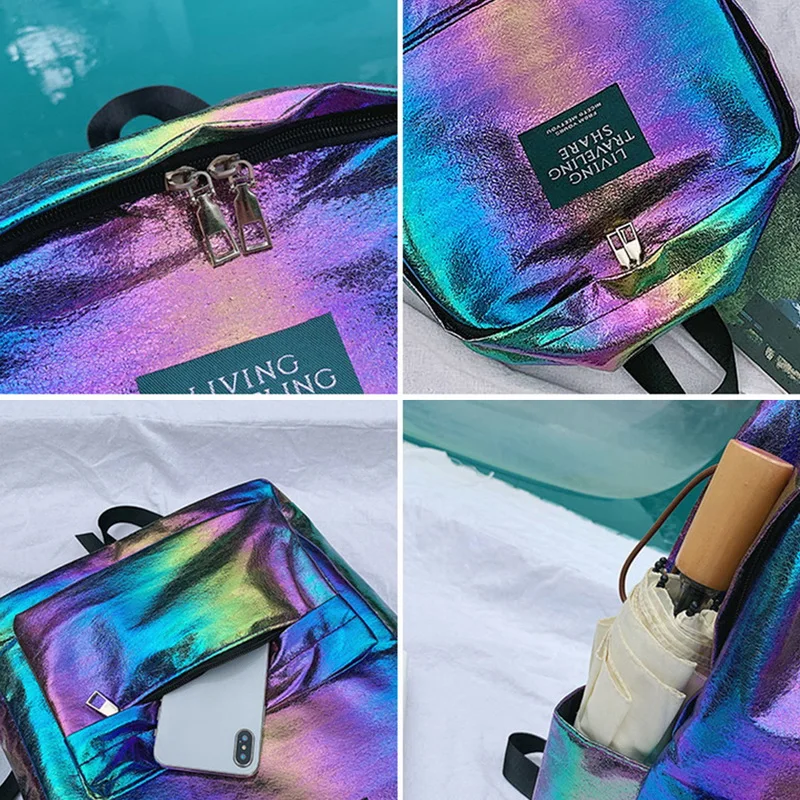 Женские лазерные голографические рюкзаки блестящие кожаные в студенческом